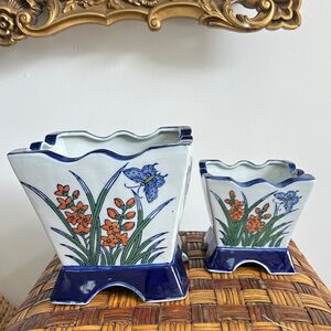 Floral Ceramic Planter Set with Blue Accents